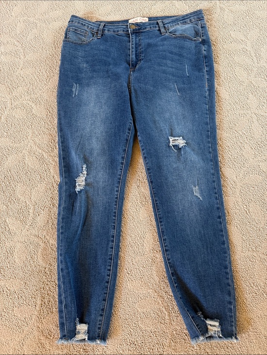 Haute Curve Denim - Mid Wash Distressed Skinny Jeans - Blue